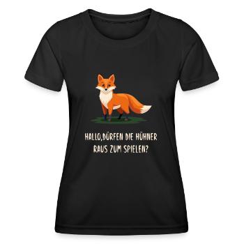 Hello, are the chickens allowed to play outside? Fox - Women's Functional T-Shirt - black - Front - AI Model Female 172 light (172cm)