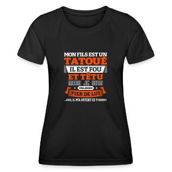 CADEAU PAPA - MON FILS EST UN TATOUÉ - T-shirt sport Femme - noir - Devant - AI Model Female 172 light (172cm)