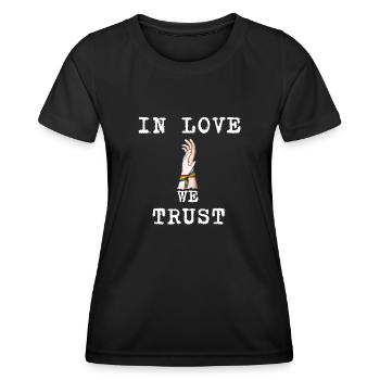 IN LOVE WE TRUST : LOVE - LGBT - LGBTQI - GAY - T-shirt sport Femme - noir - Devant - AI Model Female 172 light (172cm)