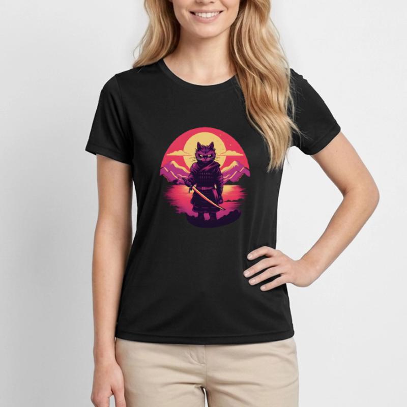 Synthwave samurai Cat Frauen Funktions-T-Shirt