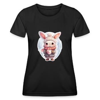 Bunny in winter with cup of cocoa - Women's Functional T-Shirt - black - Front - AI Model Female 172 light (172cm)