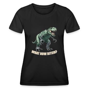 T-Rex with prostheses. What now...? Funny Rex - Women's Functional T-Shirt - black - Front - AI Model Female 172 light (172cm)