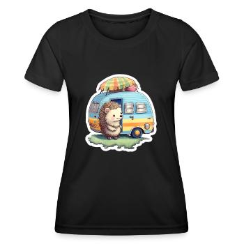 Igel Camping Wohnwagen Reisender - Frauen Funktions-T-Shirt - Schwarz - Vorne - AI Model Female 172 light (172cm)