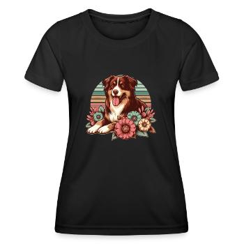 Australian Shepherd red tri Pastel Retro Blumen - Frauen Funktions-T-Shirt - Schwarz - Vorne - AI Model Female 172 light (172cm)