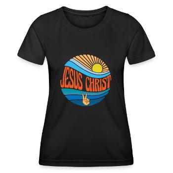 Jesus Christ Hemd Vintage Sonnenuntergang Jesus Christus - Frauen Funktions-T-Shirt - Schwarz - Vorne - AI Model Female 172 light (172cm)