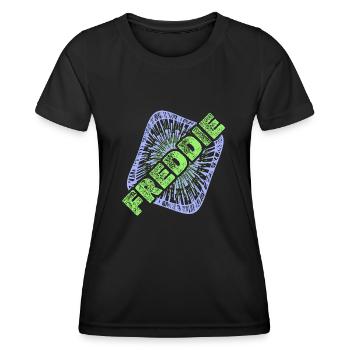Nom Prénom Freddie - T-shirt sport Femme - noir - Devant - AI Model Female 172 light (172cm)