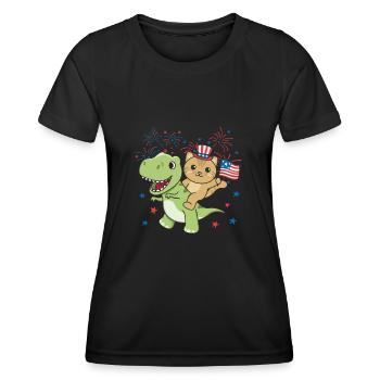 Katze mit T-Rex für den vierten Juli Feuerwerk - Frauen Funktions-T-Shirt - Schwarz - Vorne - AI Model Female 172 light (172cm)