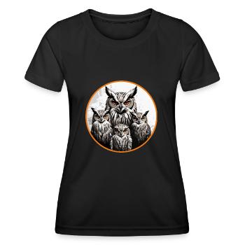 Eulenfamilie - grafisches Eulenmotiv mit vier Uhus - Frauen Funktions-T-Shirt - Schwarz - Vorne - AI Model Female 172 light (172cm)