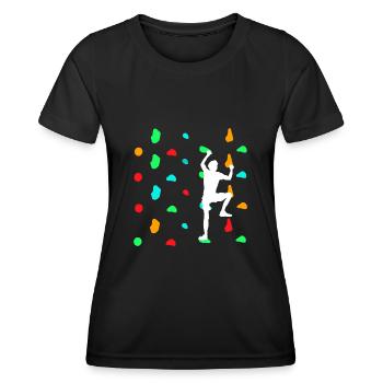 Boulderer beim Bouldern an der Kletterwand - Frauen Funktions-T-Shirt - Schwarz - Vorne - AI Model Female 172 light (172cm)