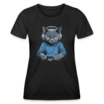 Musiker Russisch Blau Katze Kopfhörer Katzen Musik - Frauen Funktions-T-Shirt - Schwarz - Vorne - AI Model Female 172 light (172cm)
