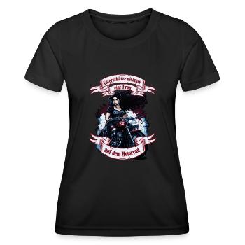 Unterschätze niemals eine Frau auf dem Motorrad - Frauen Funktions-T-Shirt - Schwarz - Vorne - AI Model Female 172 light (172cm)