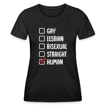 Gay Lesbienne Bisexuelle Hétéro Humain - T-shirt sport Femme - noir - Devant - AI Model Female 172 light (172cm)