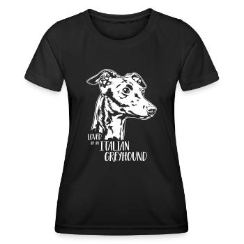 Loved by an ITALIAN GREYHOUND Hundespruch Wilsigns - Frauen Funktions-T-Shirt - Schwarz - Vorne - AI Model Female 172 light (172cm)