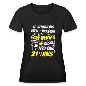 conneries 21 ans / humour anniversaire 21 ans - T-shirt sport Femme - noir - Devant - AI Model Female 172 light (172cm)