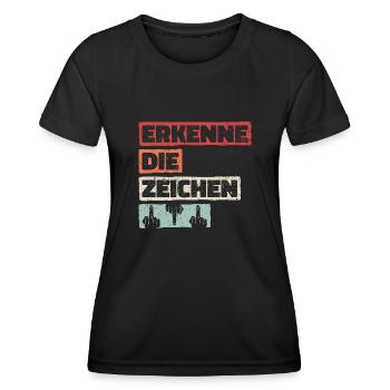 Erkenne die Zeichen. Finger Mittelfinger Fuck You - Frauen Funktions-T-Shirt - Schwarz - Vorne - AI Model Female 172 light (172cm)