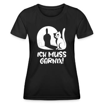 Ich muss garnix Fuck you Katze Mittelfinger Spruch - Frauen Funktions-T-Shirt - Schwarz - Vorne - AI Model Female 172 light (172cm)