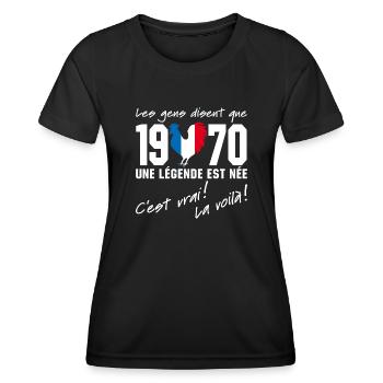 Né en 1970 - Coq aux couleurs françaises - T-shirt sport Femme - noir - Devant - AI Model Female 172 light (172cm)