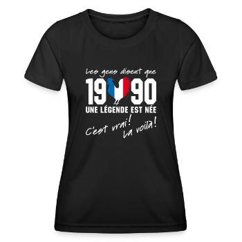 Né en 1990 - Coq aux couleurs françaises - T-shirt sport Femme - noir - Devant - AI Model Female 172 light (172cm)