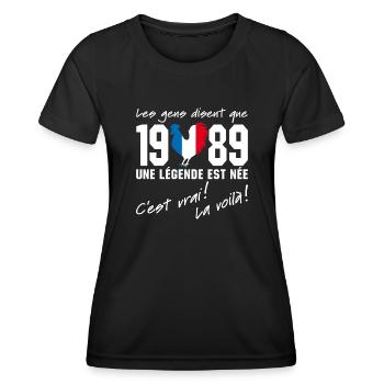 Né en 1989 - Coq aux couleurs françaises - T-shirt sport Femme - noir - Devant - AI Model Female 172 light (172cm)