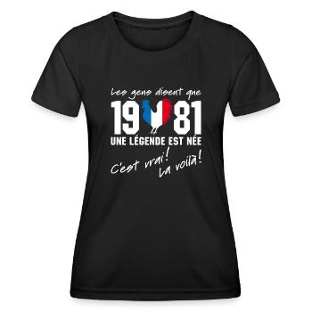 Né en 1981 - Coq aux couleurs françaises - T-shirt sport Femme - noir - Devant - AI Model Female 172 light (172cm)