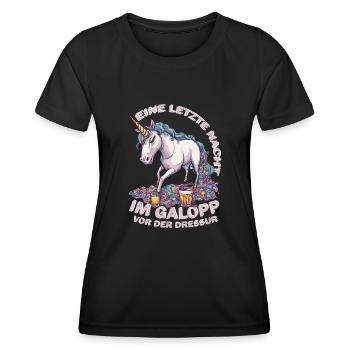 JGA | Eine letzte Nacht im Galopp, vor der Dressur - Frauen Funktions-T-Shirt - Schwarz - Vorne - AI Model Female 172 light (172cm)