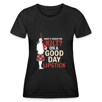 Was ist unter dem Kilt Lippenstift Scottish Bagpiper - Frauen Funktions-T-Shirt - Schwarz - Vorne - AI Model Female 172 light (172cm)