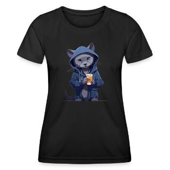 Russisch Blau Katzen Hoodie Motiv mit Kakao - Frauen Funktions-T-Shirt - Schwarz - Vorne - AI Model Female 172 light (172cm)
