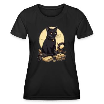 Schwarze Katze mit Bücher Bombay Cat Buch Katzen - Frauen Funktions-T-Shirt - Schwarz - Vorne - AI Model Female 172 light (172cm)