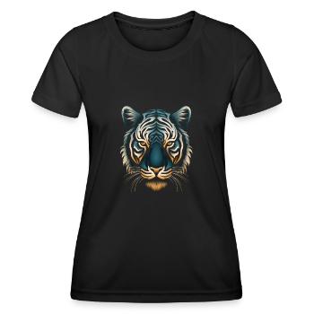 Captivant Op Art Tiger en bleu et ocre - T-shirt sport Femme - noir - Devant - AI Model Female 172 light (172cm)