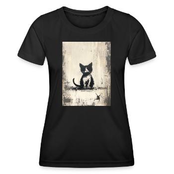 Katze Silhouette Zeichnung Leinwand - Banksy Style - Frauen Funktions-T-Shirt - Schwarz - Vorne - AI Model Female 172 light (172cm)