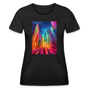Straße - Stadt - bunt - Hochhäuser - Abstrakt - Frauen Funktions-T-Shirt - Schwarz - Vorne - AI Model Female 172 light (172cm)