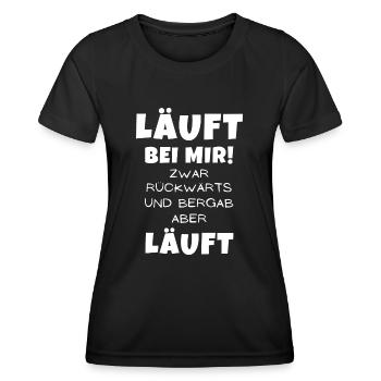 Läuft bei mir zwar rückwärts und Bergab aber läuft - Frauen Funktions-T-Shirt - Schwarz - Vorne - AI Model Female 172 light (172cm)