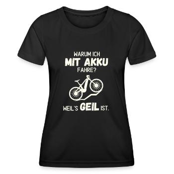 Warum ich mit Akku fahre? - Frauen Funktions-T-Shirt - Schwarz - Vorne - AI Model Female 172 light (172cm)