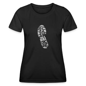 TAKE A HIKE - WANDERN - BERGSTEIGEN - SCHUHABDRUCK - Frauen Funktions-T-Shirt - Schwarz - Vorne - AI Model Female 172 light (172cm)