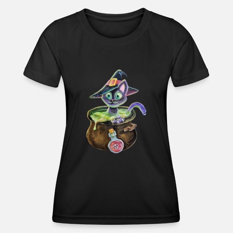 Witch cat in a pot - Women's Functional T-Shirt - black