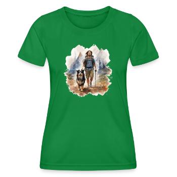 Walker with dog, polygon style - Women's Functional T-Shirt - kelly green - Front - AI Model Female 172 dark (172cm)