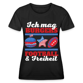 Ich mag Burgers, Football und Freiheit - Frauen Funktions-T-Shirt - Schwarz - Vorne - AI Model Female 172 light (172cm)