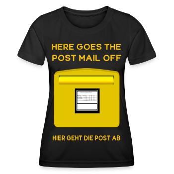 Here goes the post mail off. Hier geht die Post ab - Frauen Funktions-T-Shirt - Schwarz - Vorne - AI Model Female 172 light (172cm)