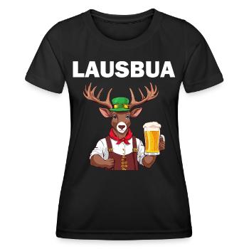 Lausbua Lederhose Hirsch Tracht Trachten Ersatz - Frauen Funktions-T-Shirt - Schwarz - Vorne - AI Model Female 172 light (172cm)