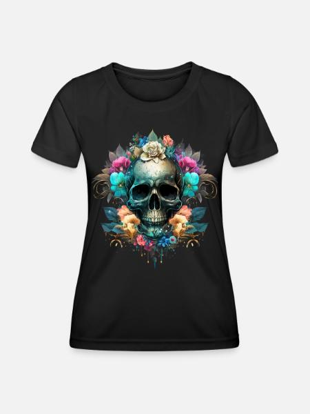 Totenkopf mit Blüten - Frauen Funktions-T-Shirt - Schwarz