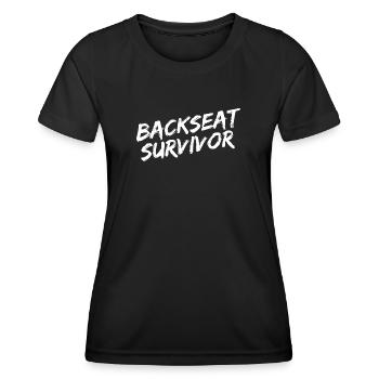 "Backseat Survivor" - Weiße Pinselschrift - Frauen Funktions-T-Shirt - Schwarz - Vorne - AI Model Female 172 light (172cm)