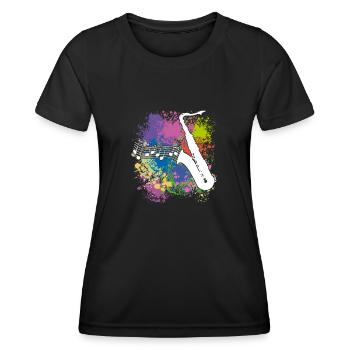 Saxofonsilhouette und Musiknoten auf Farbklecksen - Frauen Funktions-T-Shirt - Schwarz - Vorne - AI Model Female 172 light (172cm)