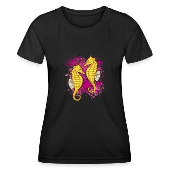 Zwei Seepferdchen auf bunten Farbklecksen - Frauen Funktions-T-Shirt - Schwarz - Vorne - AI Model Female 172 light (172cm)