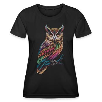 Bunte Eule – Mystisch & Farbig - Frauen Funktions-T-Shirt - Schwarz - Vorne - AI Model Female 172 light (172cm)