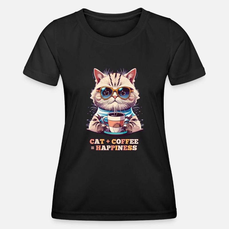 Cat Plus Coffee is Happiness - Women's Functional T-Shirt - black