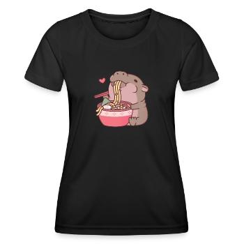 Süßes Zwergnilpferd schlürft an Ramen-Nudeln - Frauen Funktions-T-Shirt - Schwarz - Vorne - AI Model Female 172 light (172cm)