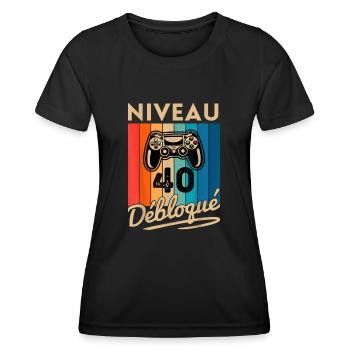 Cadeau 40 ans Anniversaire Gamer Niveau 40 Humour - T-shirt sport Femme - noir - Devant - AI Model Female 172 light (172cm)