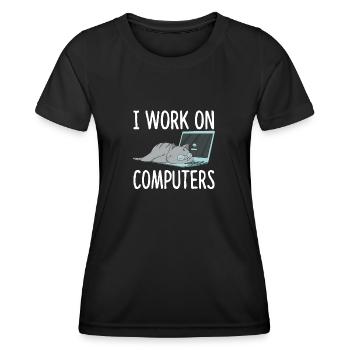 I Work On Computers Katze Informatik Kätzchen - Frauen Funktions-T-Shirt - Schwarz - Vorne - AI Model Female 172 light (172cm)