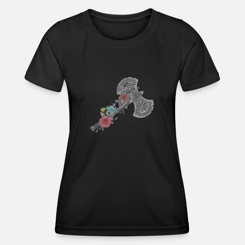 Celtic Vikings With Flowers Double Axe Design - Women's Functional T-Shirt - black