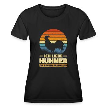 Ich liebe Hühner die kacken Frühstück. Bauernhof - Frauen Funktions-T-Shirt - Schwarz - Vorne - AI Model Female 172 light (172cm)